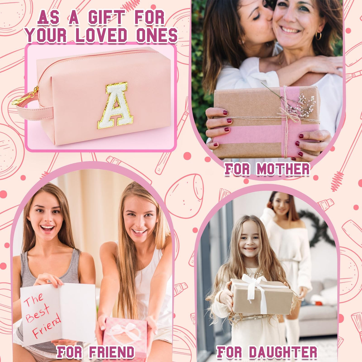 Personalized Initial Makeup Bag with Handle - Waterproof PU Leather Cosmetic Organizer