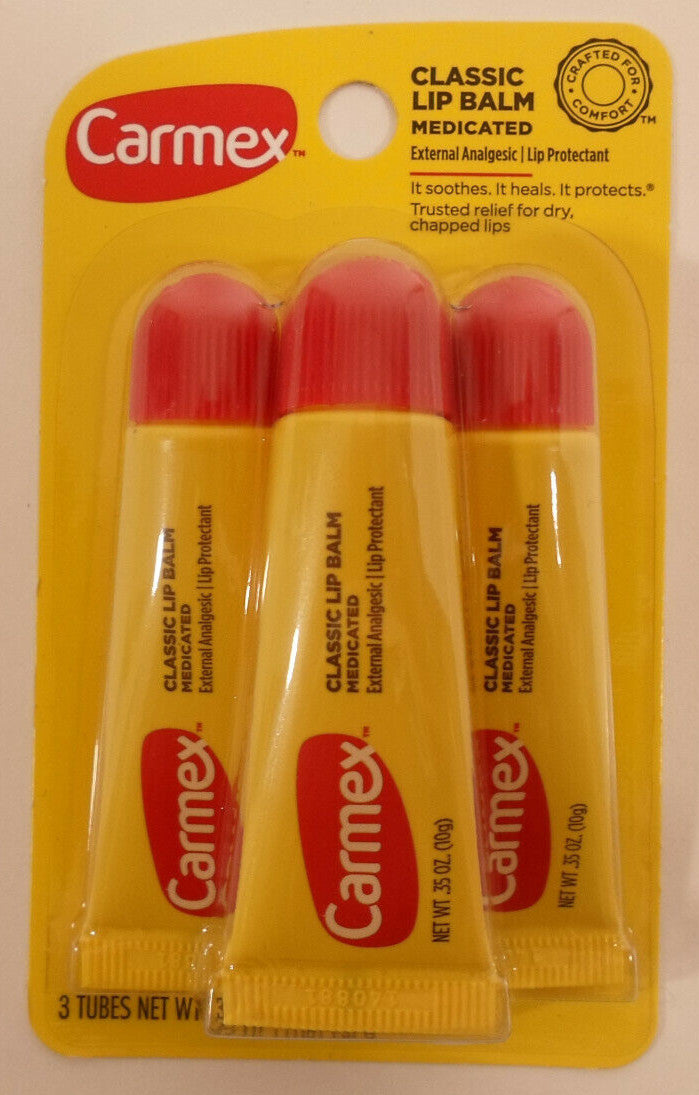 Medicated Lip Balm Pack - 3 Classic Carmex Lip Care Tubes - Free Shipping