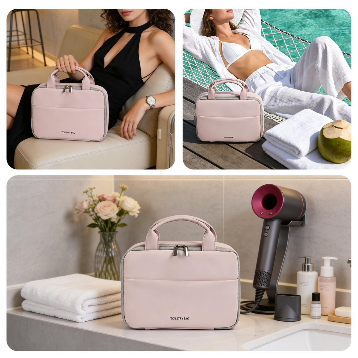 Travel Hanging Toiletry Bag for Women Waterproof Makeup Organizer Rose Pink