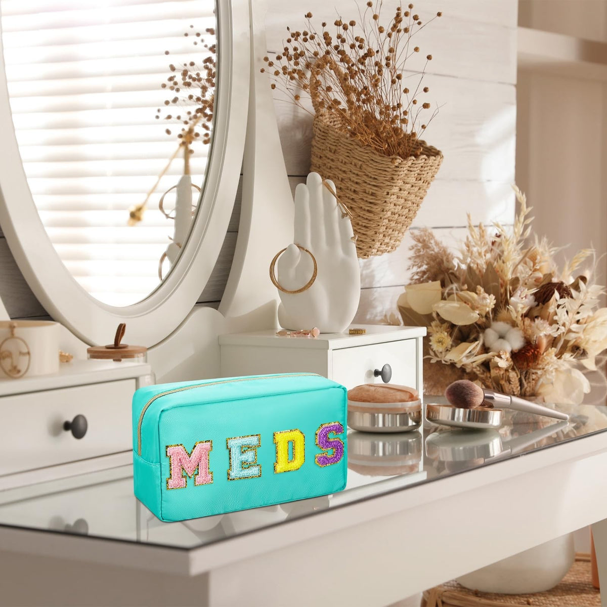 Portable Makeup & Toiletry Bag with Chenille Letter Patch – Travel Cosmetic Organizer