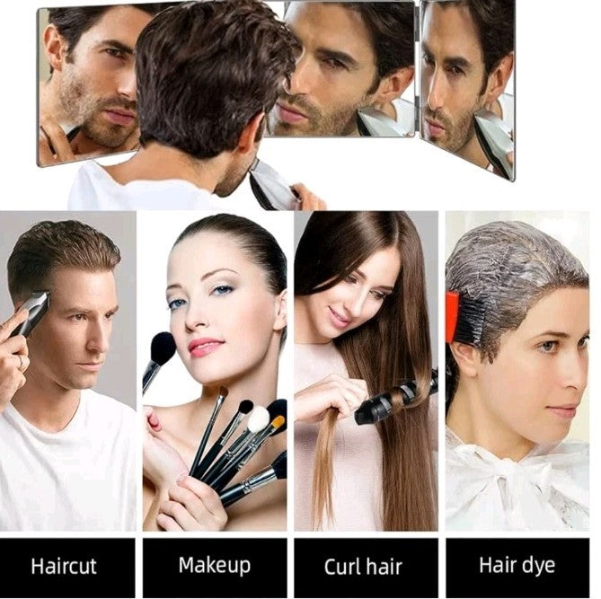 Adjustable 3-Way Makeup & Hair Cutting Mirror with 360° View - Portable Backview Trifold