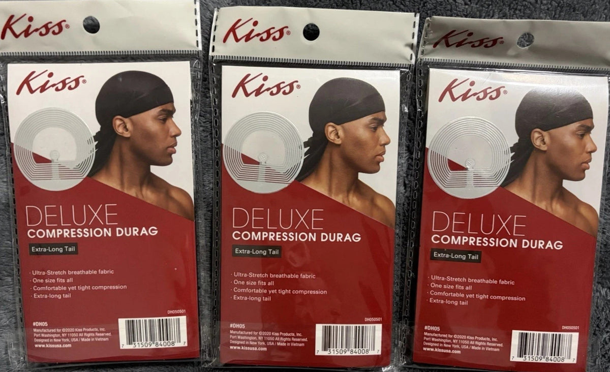 WOW! 3 KISS Deluxe Compression Durag Black Extra-Long Tail & One Size
