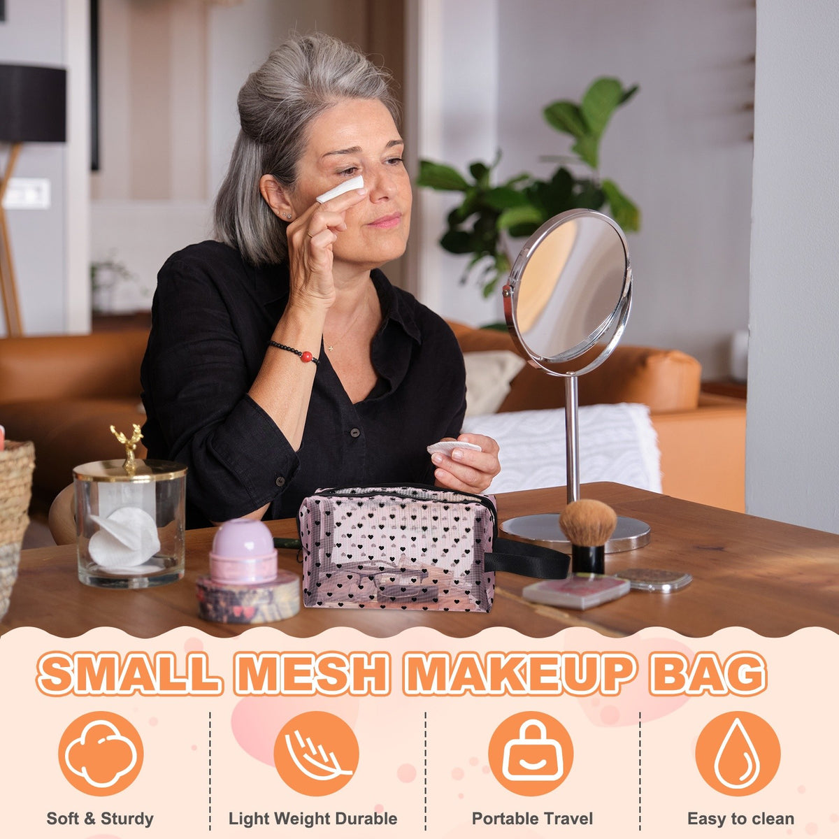 2 Pack Mesh Makeup Bags with Heart Print - Portable Cosmetic Organizer