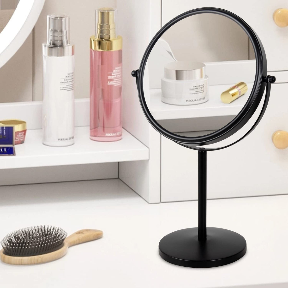 10x Magnifying Tabletop Makeup Mirror - 8 Inch Black, 360° Swivel