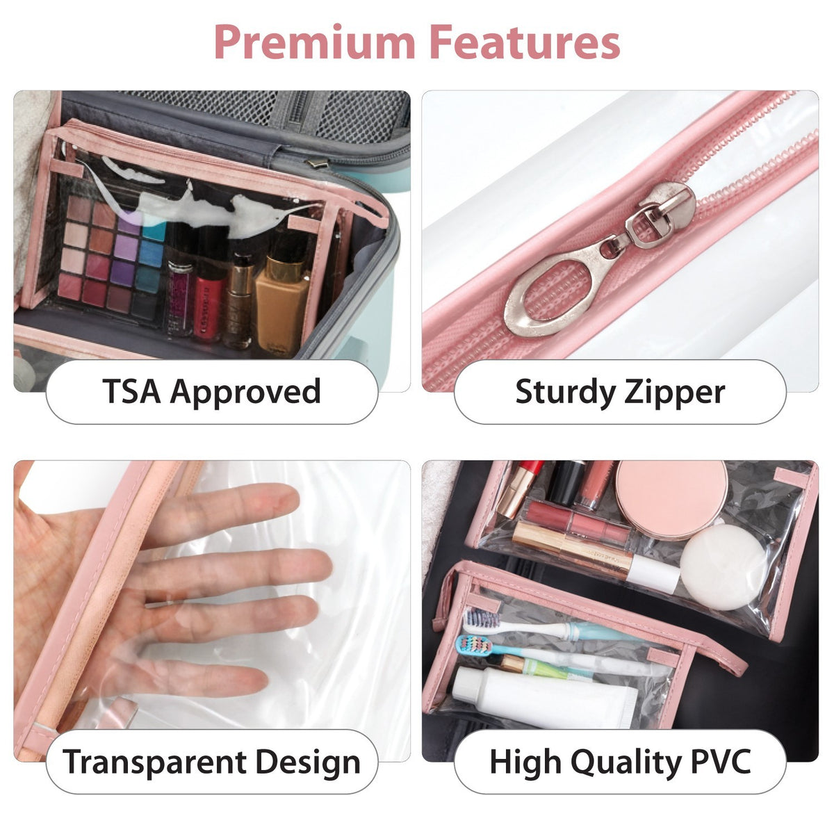 3-Pack TSA Approved Clear Travel Cosmetic Bags with Pink Trim