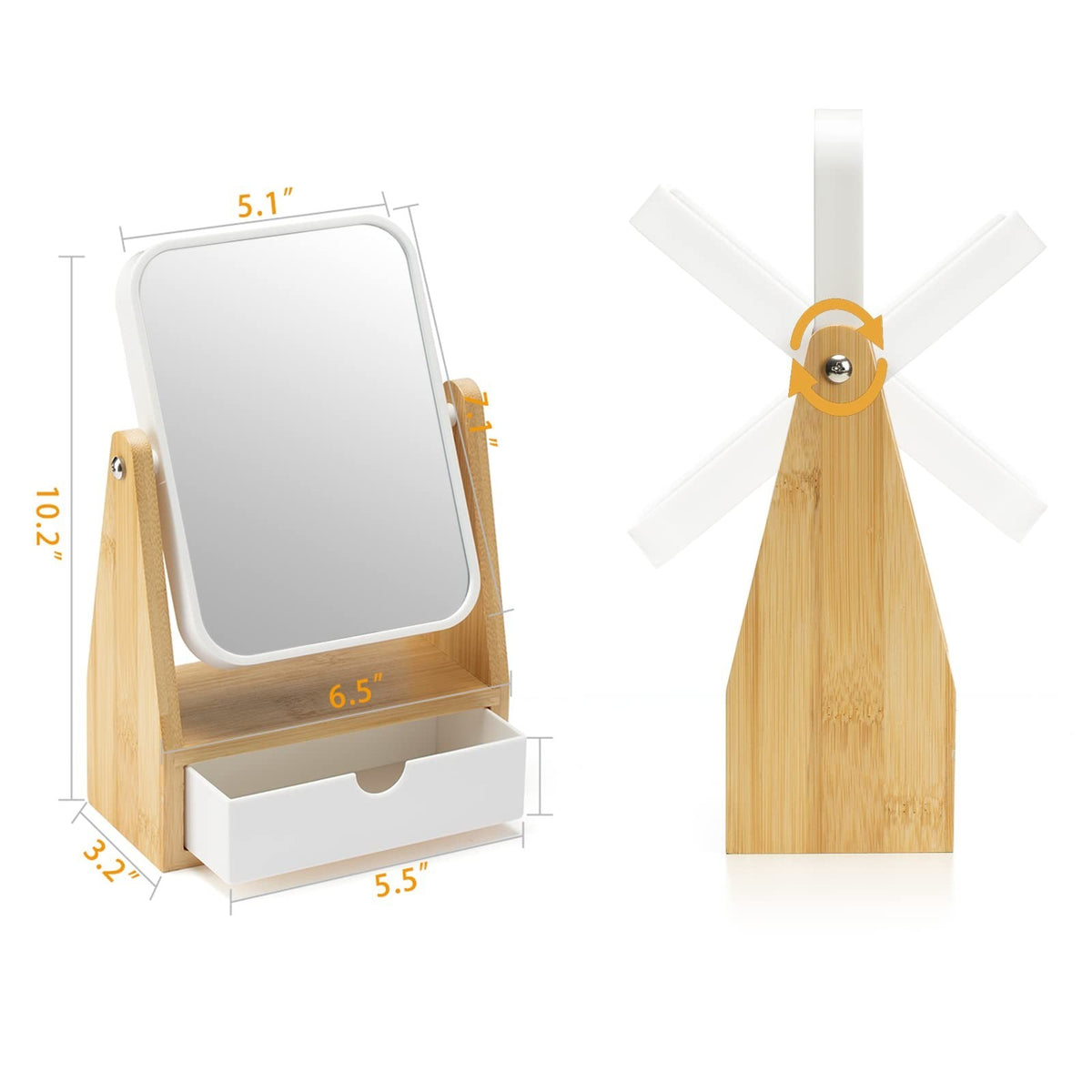 Double Sided Makeup Mirror with Storage, 3X Magnification, Adjustable Bamboo Stand