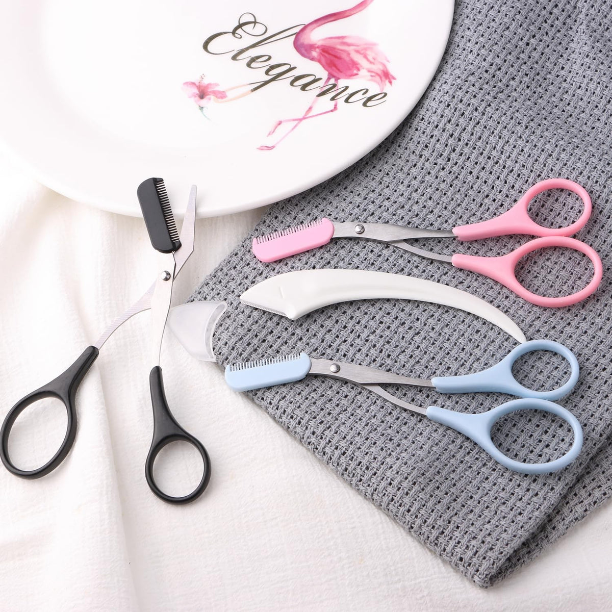 Eyebrow Scissors with Comb and Razor – Professional Stainless Steel 3-Pack (Black, Pink, Blue)