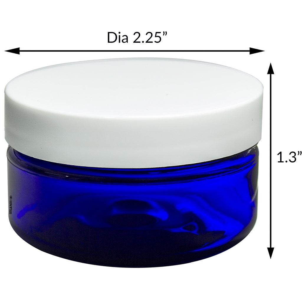 Cobalt Blue Heavy Wall Plastic Refillable Cosmetic Jar with White Lid 2 oz - 6 Pack