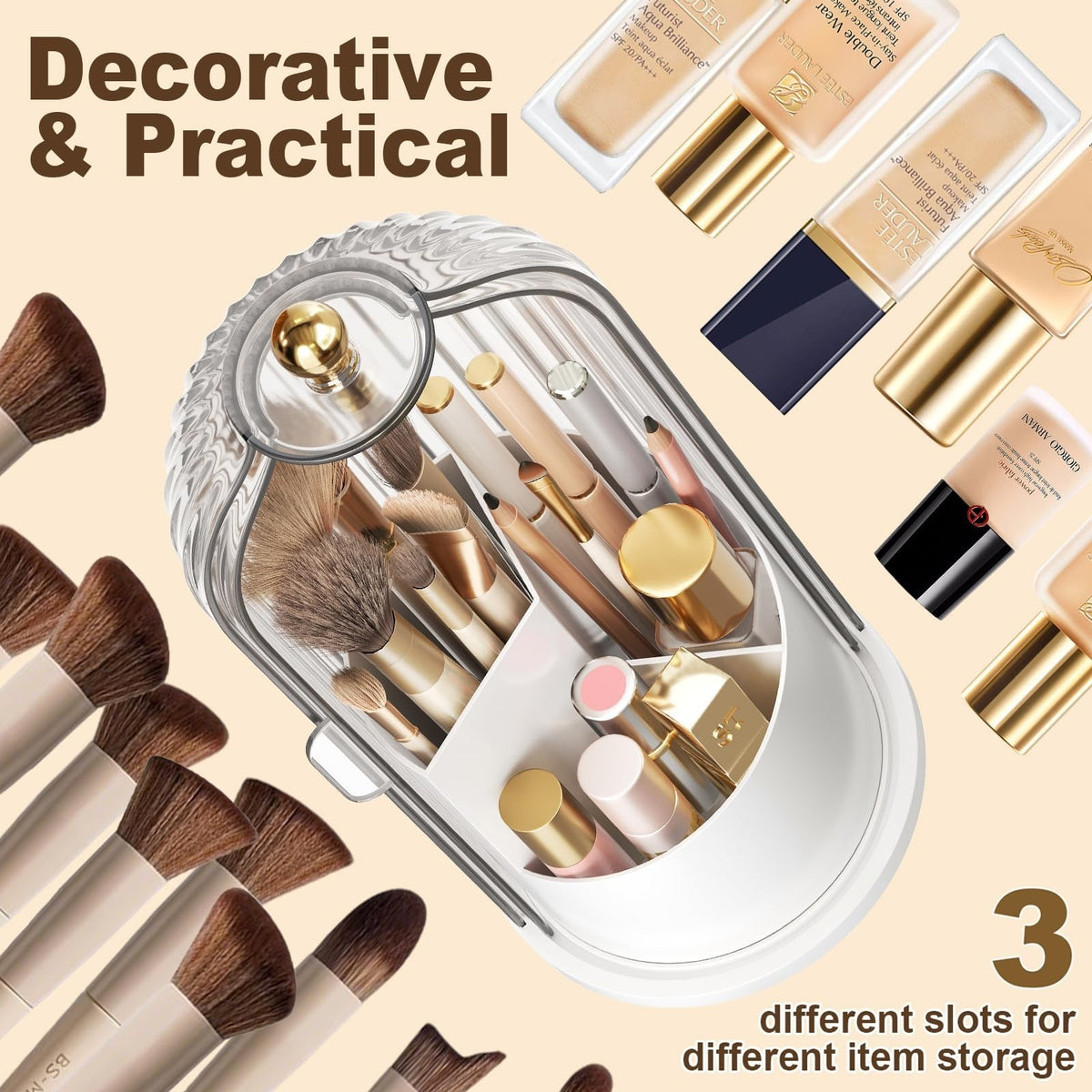 Dustproof 360° Rotation Covered Makeup Brush Holder with Sliding Lid - Clear