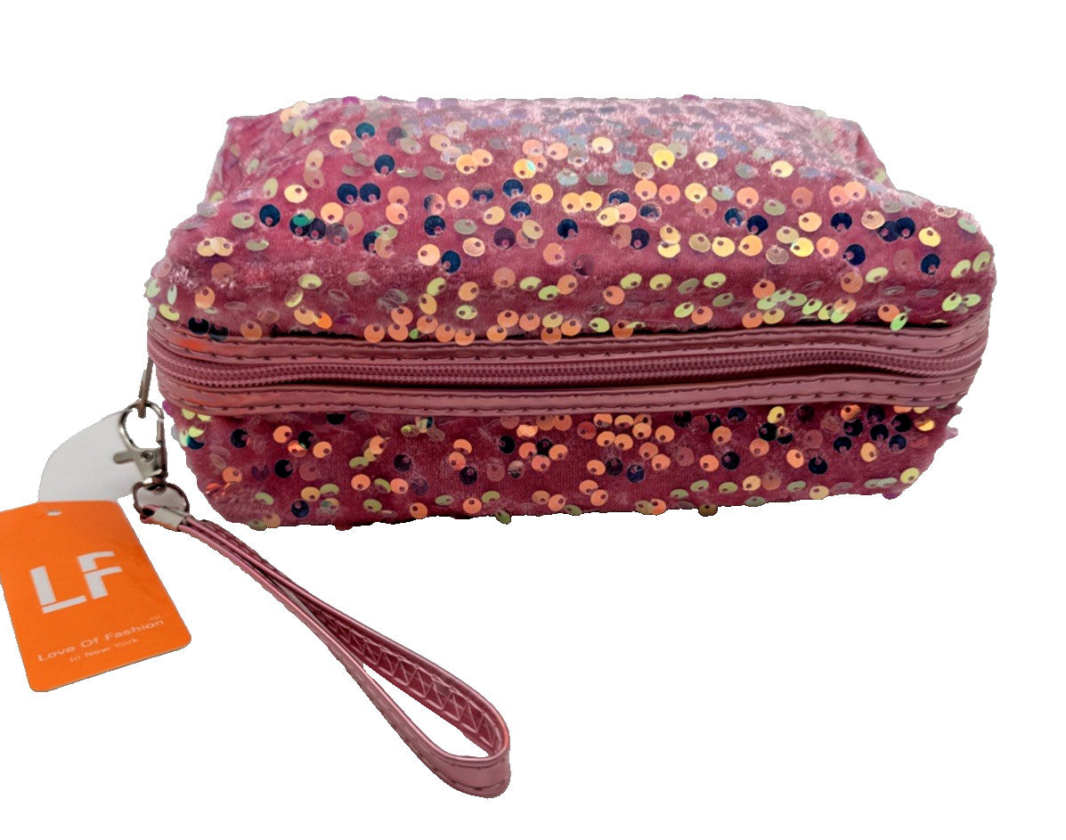 Pink Sequin Makeup Bag - Cosmetic Pouch with Zipper & Carrying Strap