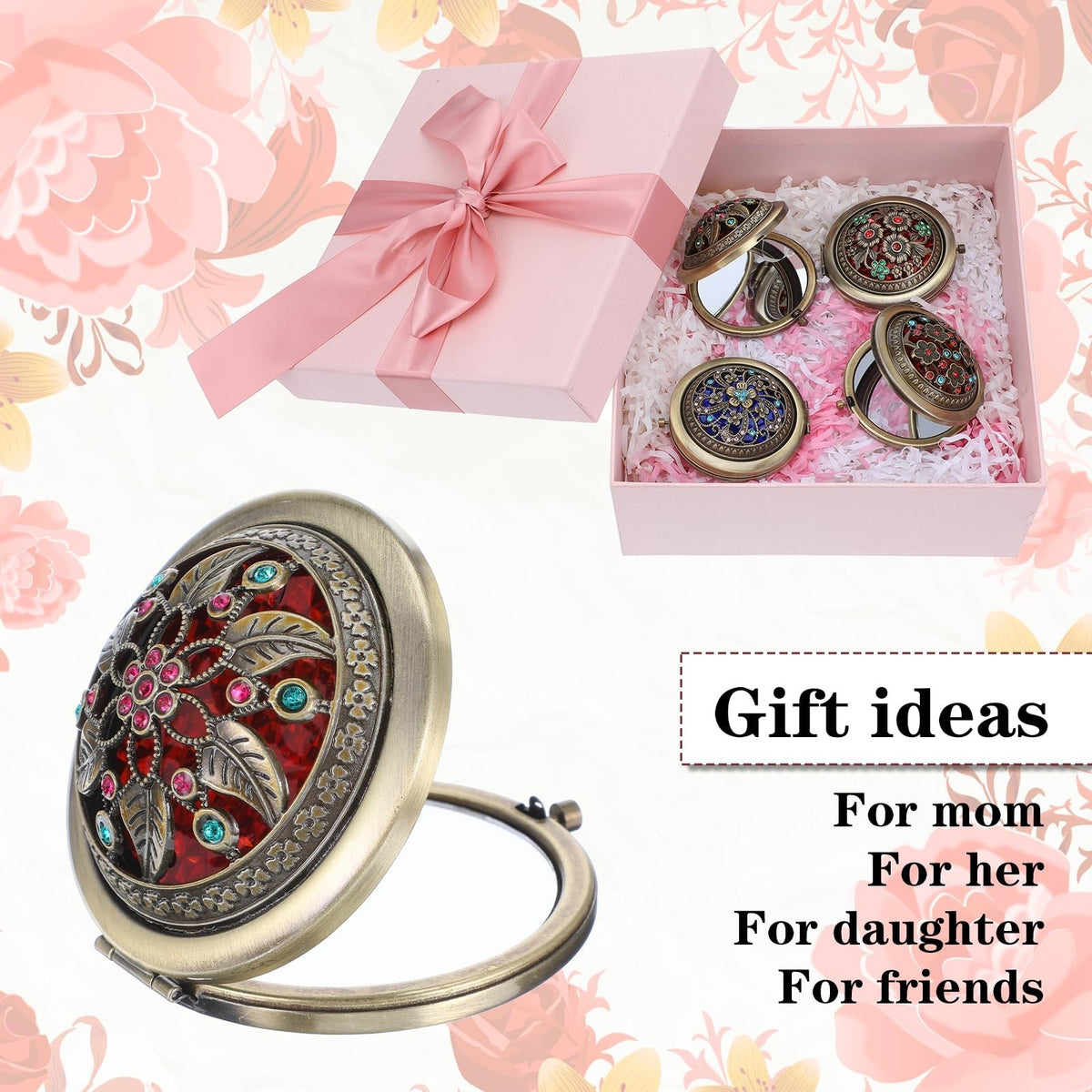 6 Pack Vintage Foldable Metal Travel Makeup Mirrors - Double Sided Compact