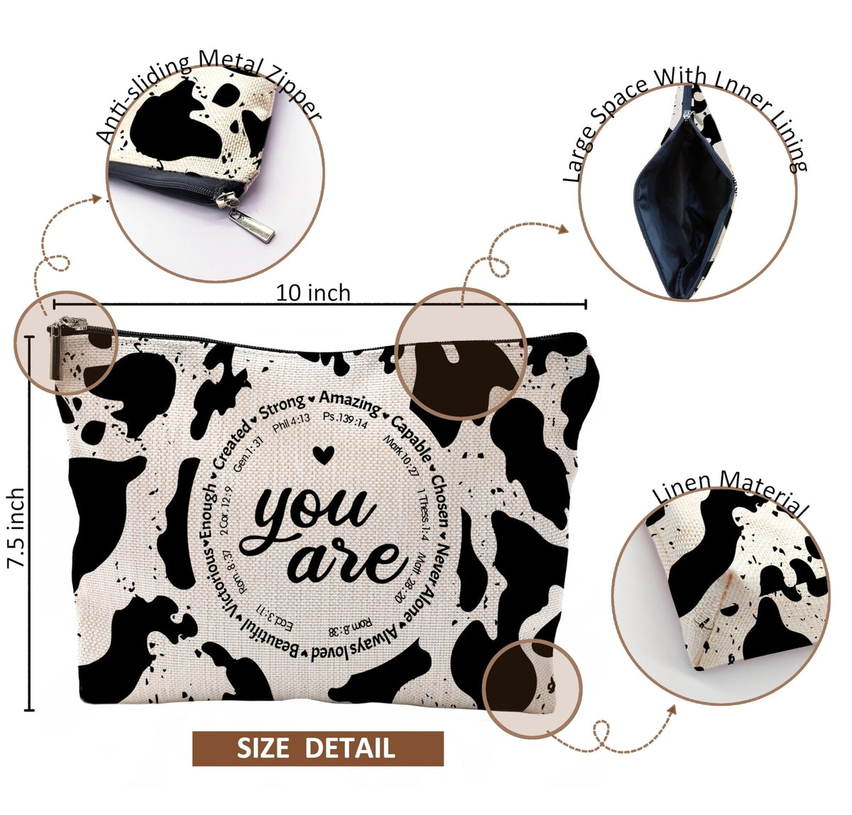 Western Cow Print Makeup Bag - Cow Gifts for Women, Christian Inspirational