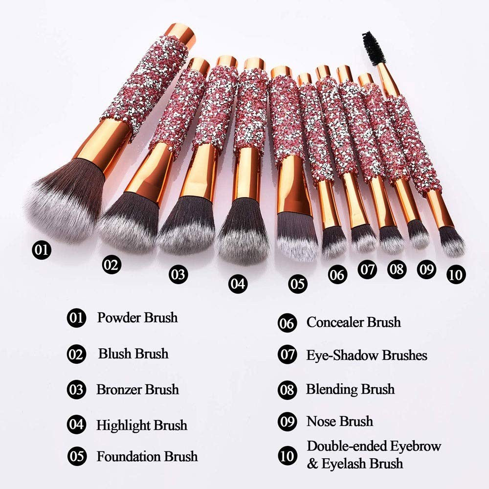 Pink Diamond Inlaid Handmade Makeup Brush Set - 10-in-1 Cosmetic Brushes with Bag