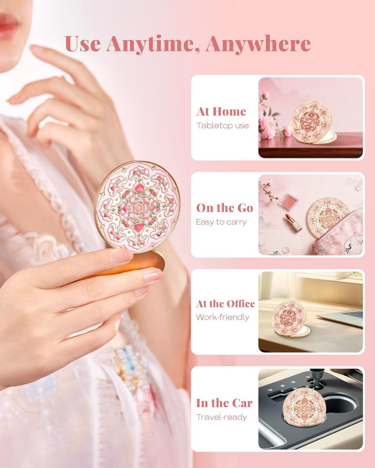Pearl Bloom Compact Mirror with 2X Magnification - Pink Pocket Makeup Mirror