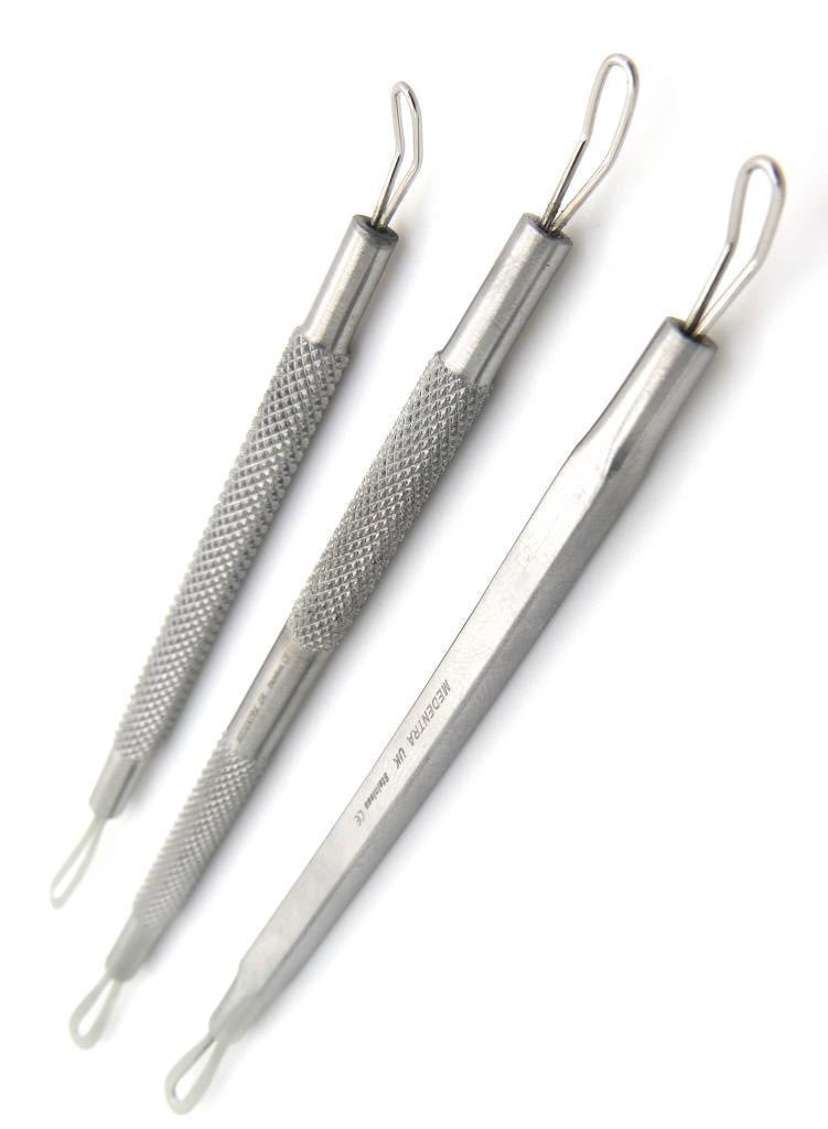 Comedone Remover Set of 3 Acne Blackhead Whitehead Extractors - Stainless Steel