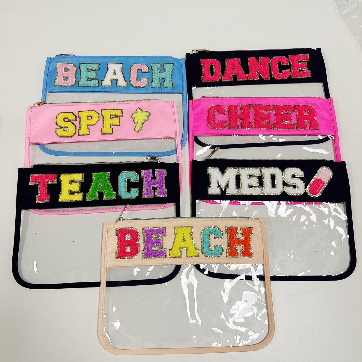 Clear Makeup Pouch with Chenille Letter Patches - Zipper Travel Bag for Women (Teach-Black)