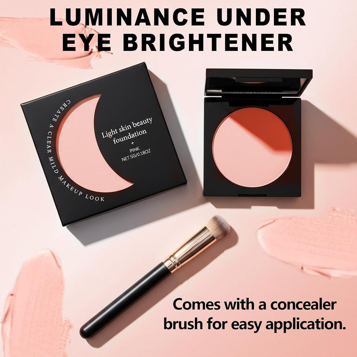 Pink Under Eye Brightener Concealer with Brush - Dark Circle Corrector & Brightener, 1 Ounce