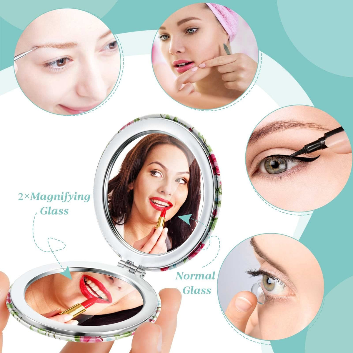 Mini Floral Compact Mirror Set for Women - 6 Pack Portable Folding Makeup Mirrors with Magnification