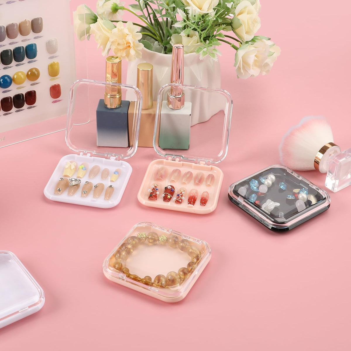 Multicolor Press On Nail Storage Box Set with 90 Adhesive Strips - Nail Organizer Case