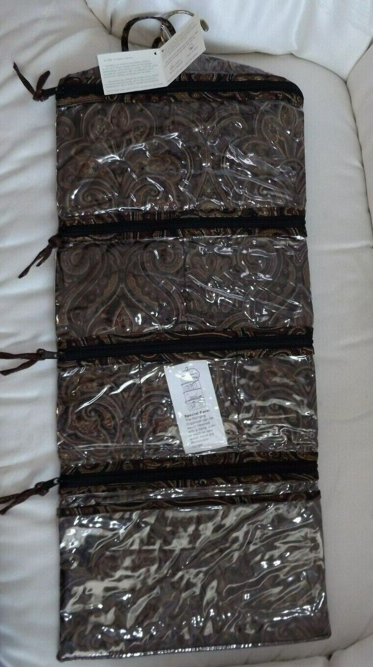 Hanging Organizer Cosmetic Bag - Vintage Mocha Pattern, 4 Zip Compartments