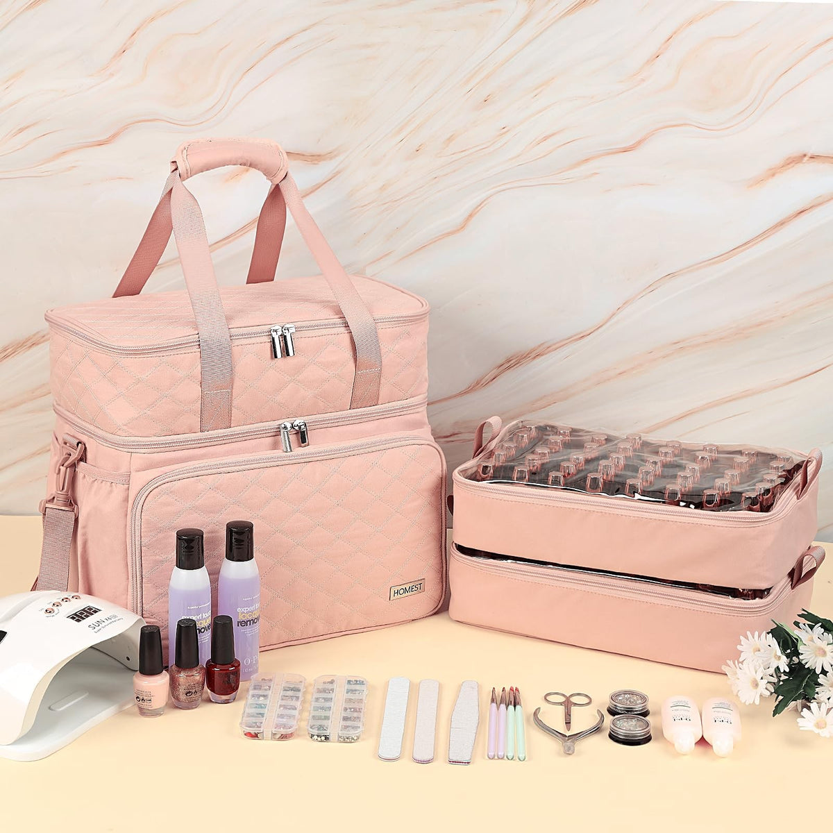 Double Layer Nail Polish Organizer with Lamp and Accessories Storage - Pink