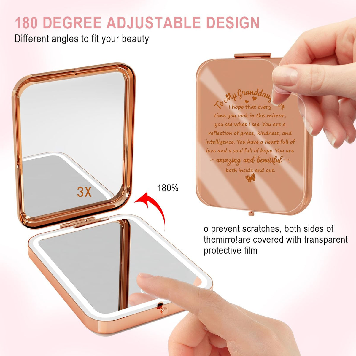 Lighted Compact Pocket Mirror with Magnification for Travel & Makeup