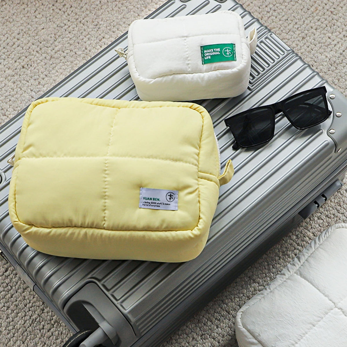 Large Puffy Travel Makeup Bag for Women - Quilted Cosmetic Organizer, Green