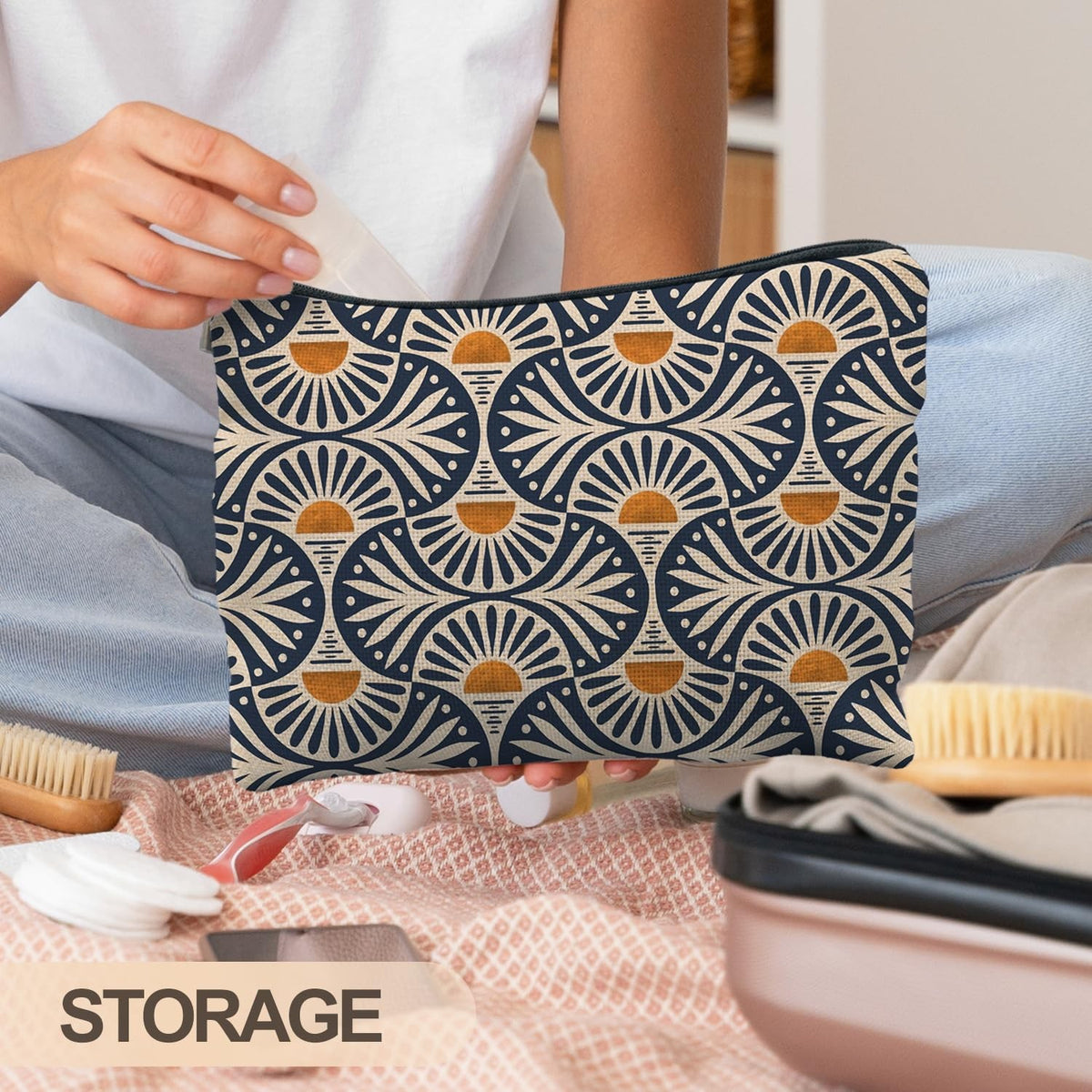 Boho Makeup Bag - 10x7.5 Inches, Orange Sun Leaf Canvas Cosmetic Pouch
