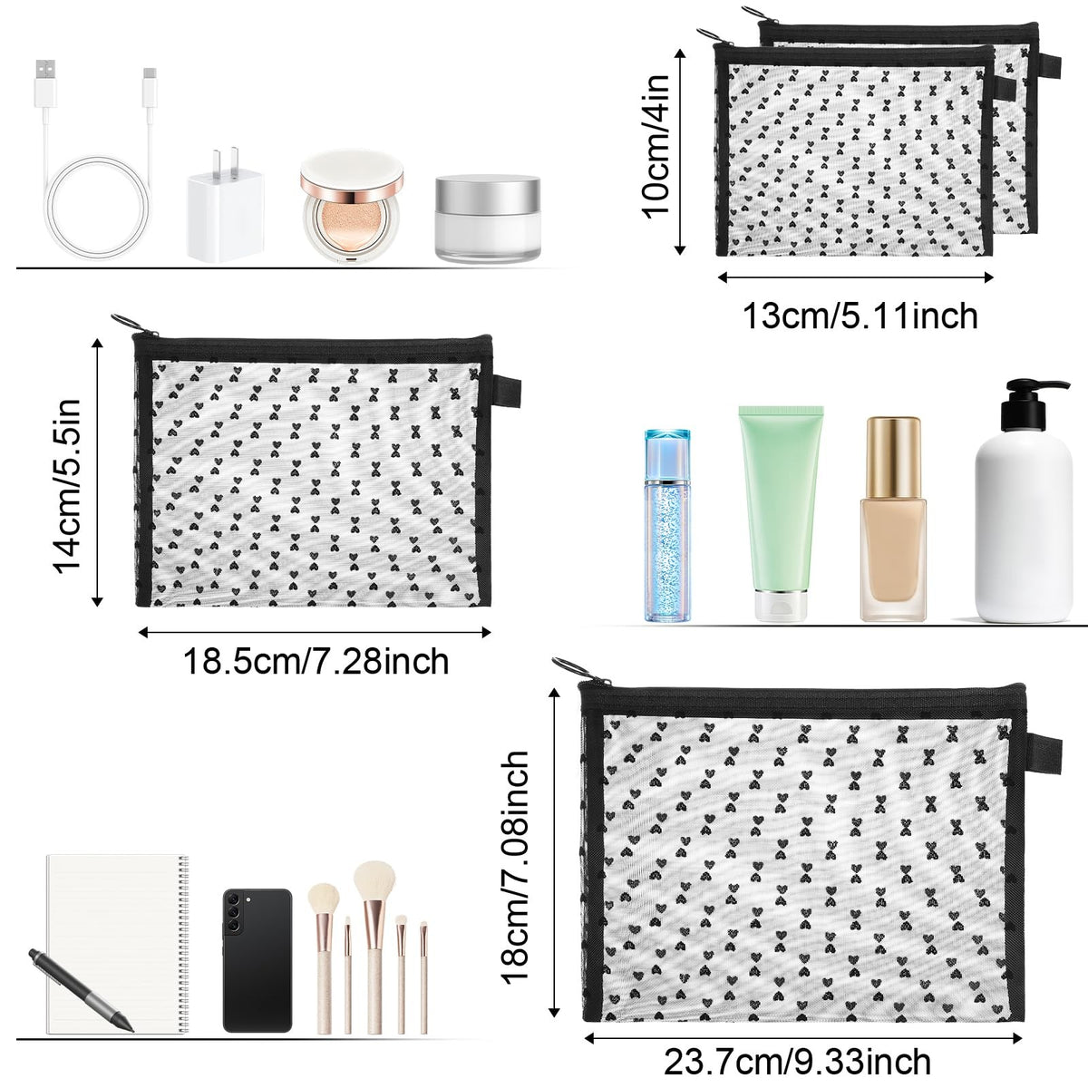 Mini Zipper Mesh Cosmetic Bags Set - Heart Print Purse Organizer, 4 Pack