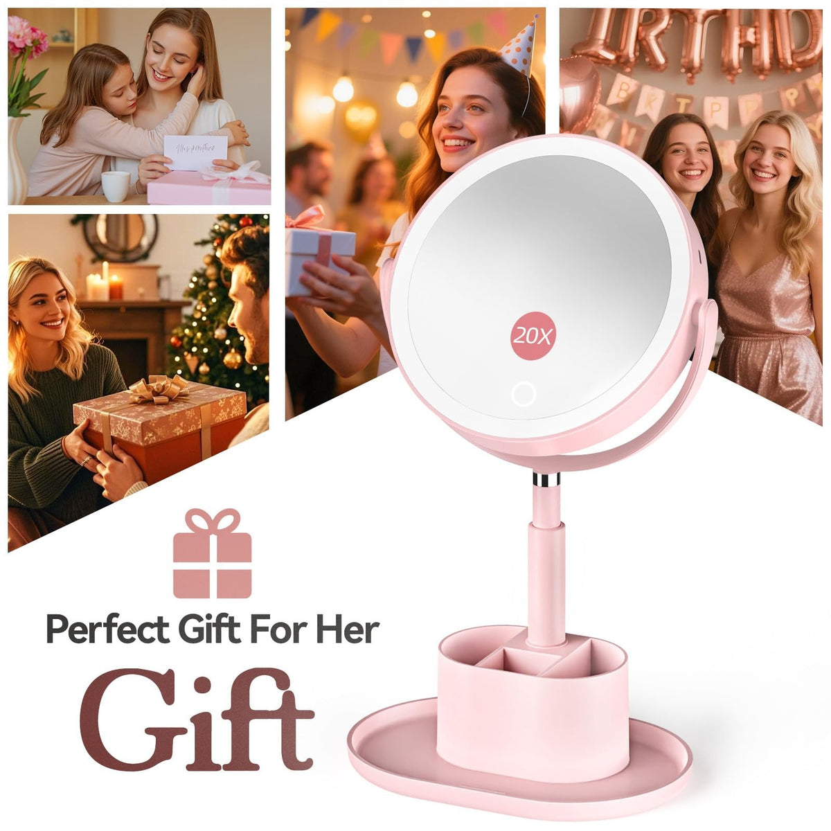 20X Magnifying Lighted Vanity Mirror with Storage - Double Sided Makeup Mirror
