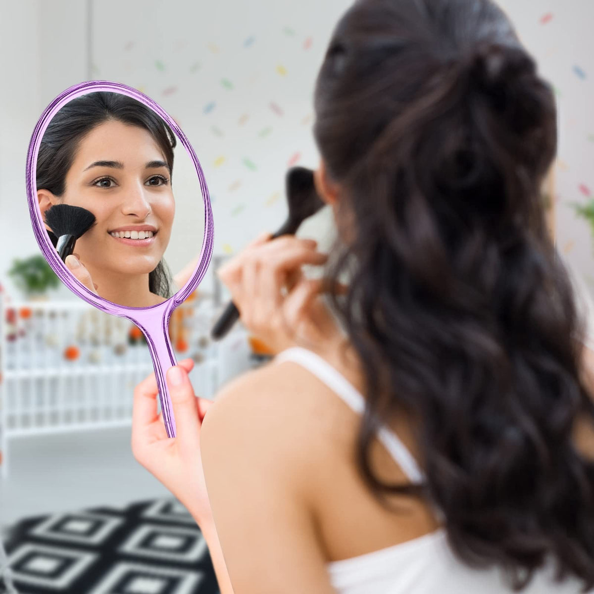 Small Purple Hand Mirror with Handle - Rounded, Double-Sided Magnification