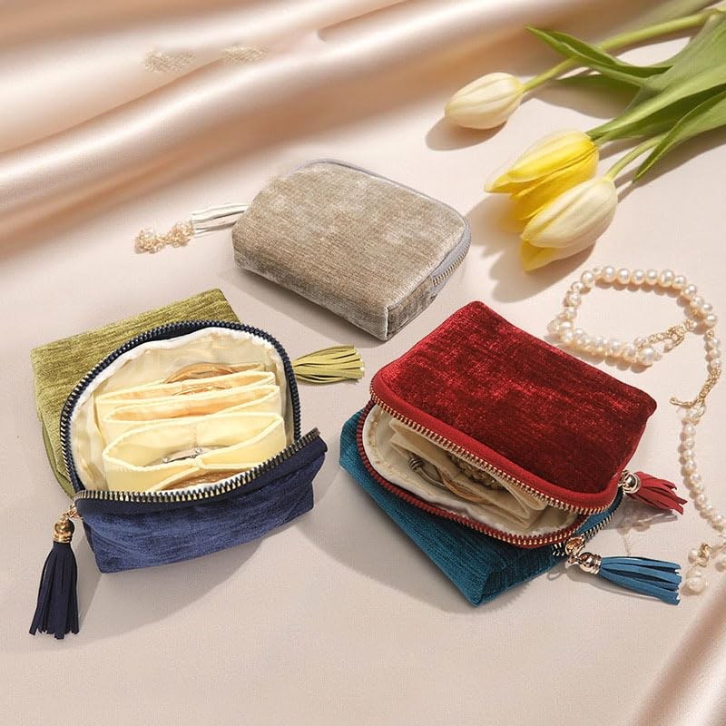 Travel Jewelry Case Small Velvet Pouch with Burgundy Red Compartments