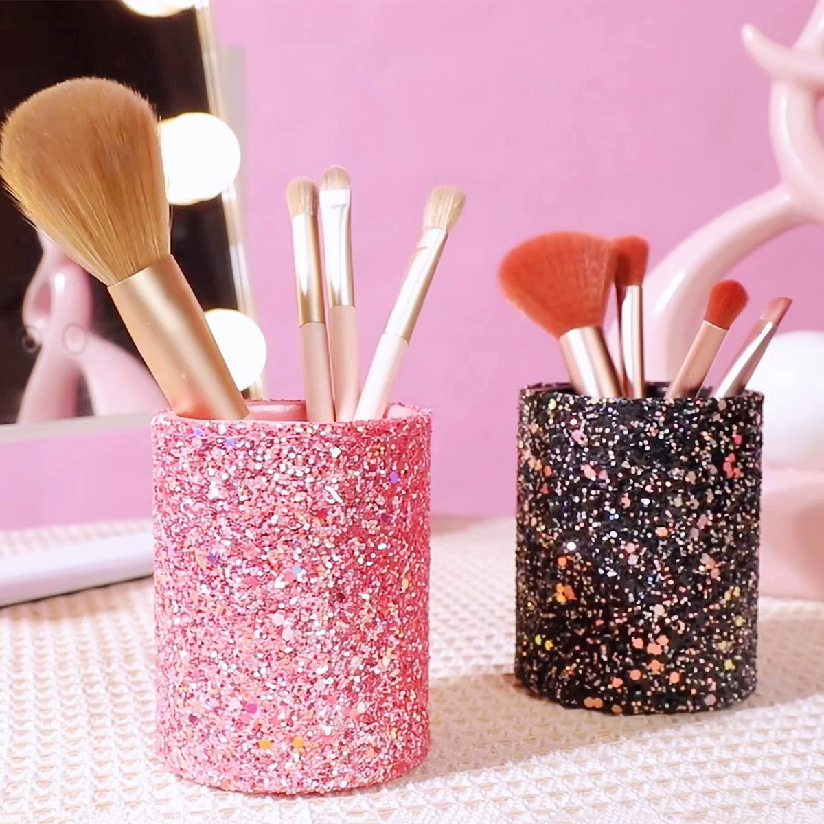 Bling Sequin Makeup Brush Holder - Pink Glitter Vanity Organizer
