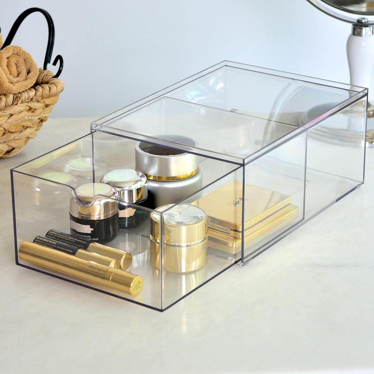 Stackable Clear Plastic Cosmetic Storage Drawers Organizer 2 Pack