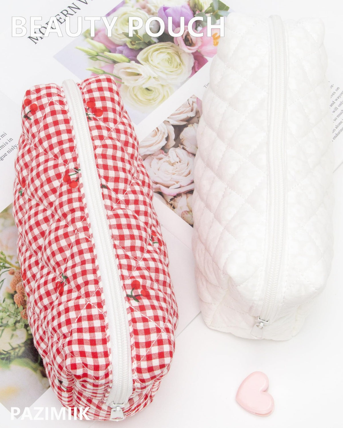 Small Quilted Makeup Bag with Zipper - Gingham Red Cherry