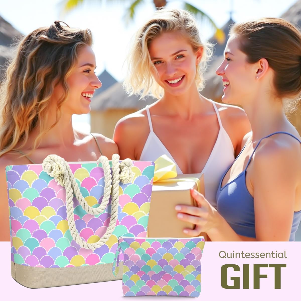 Waterproof Beach Tote Bag with Wet Cosmetic Bag - Colorful Scallop Design