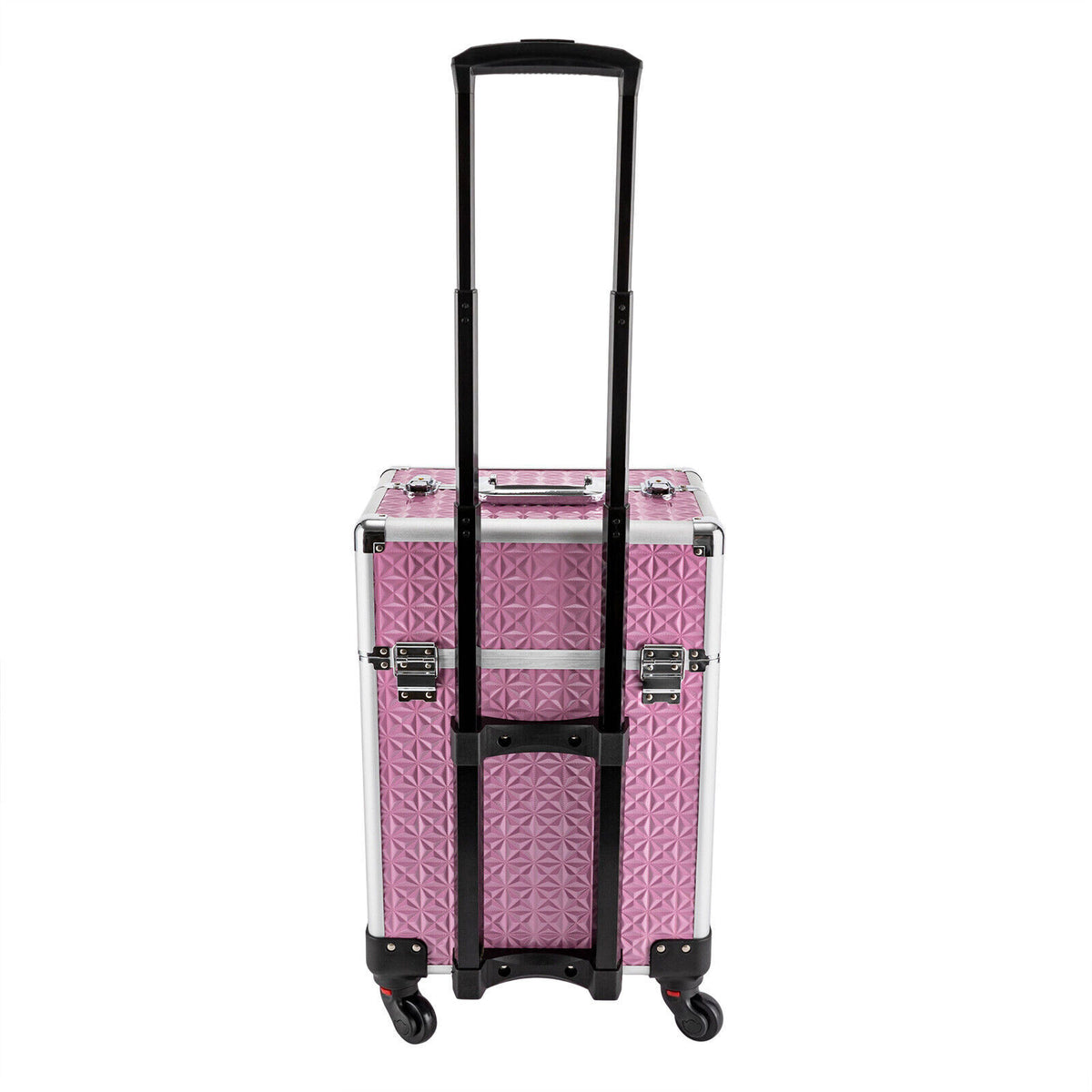 Pink Aluminum Makeup Train Case with 7 Compartments & Wheels