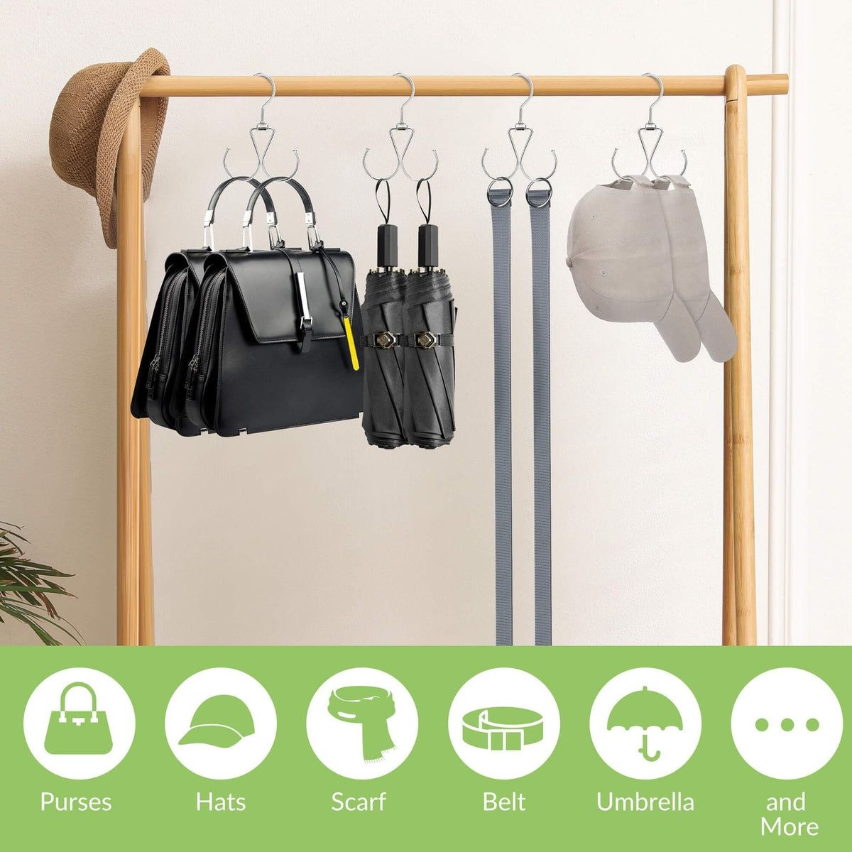 6 Pack Rotatable Purse Hooks for Closet Storage, Metal, Silver
