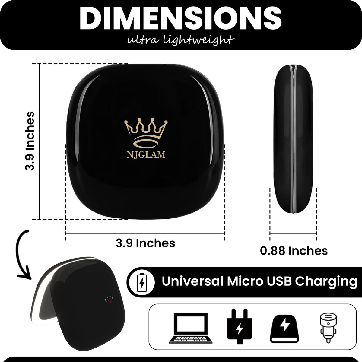 LED Compact Mirror 3.9 Inch with 1X/10X Magnification Dimmable USB Light