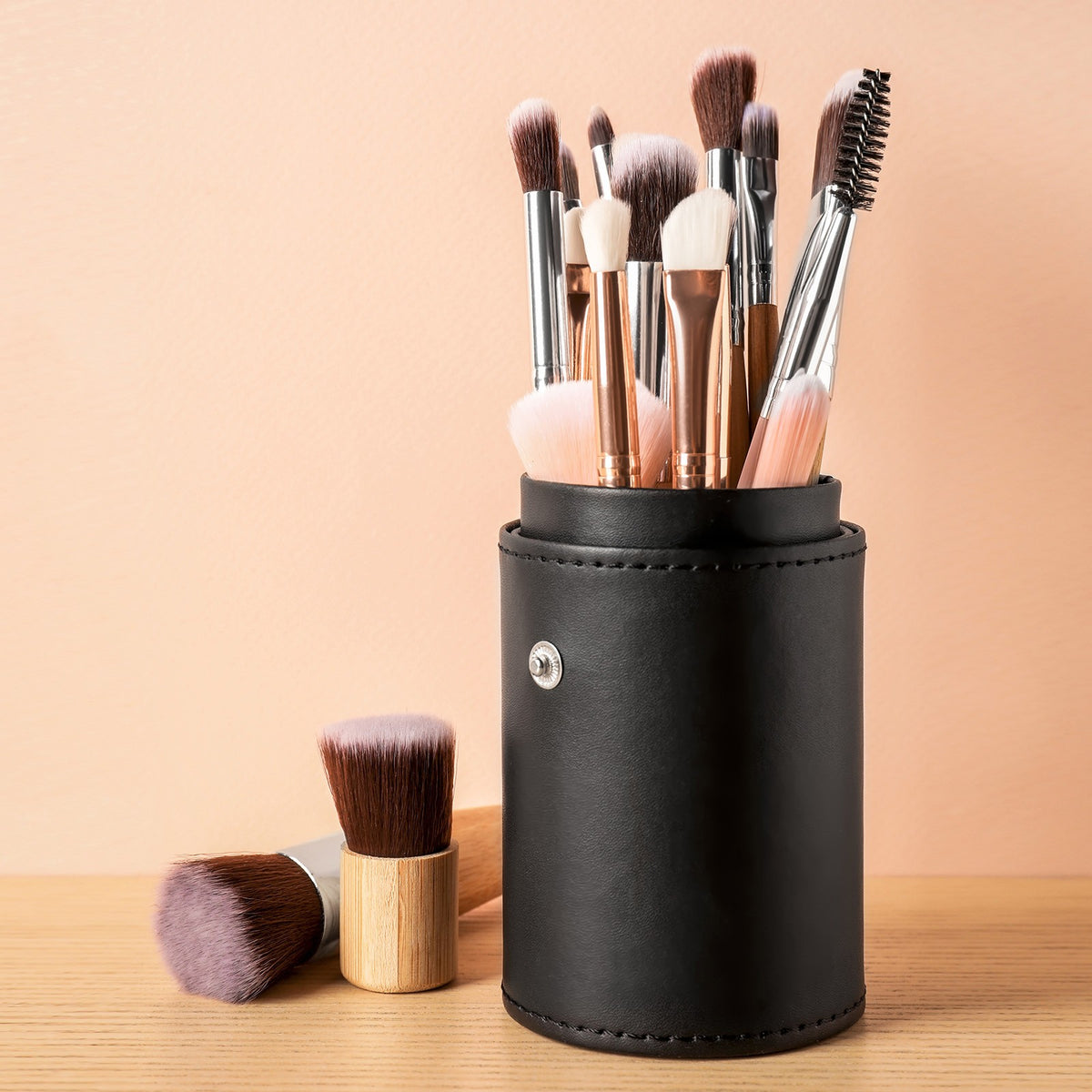 Portable Makeup Brush Holder with Strap - Waterproof PU Leather Black