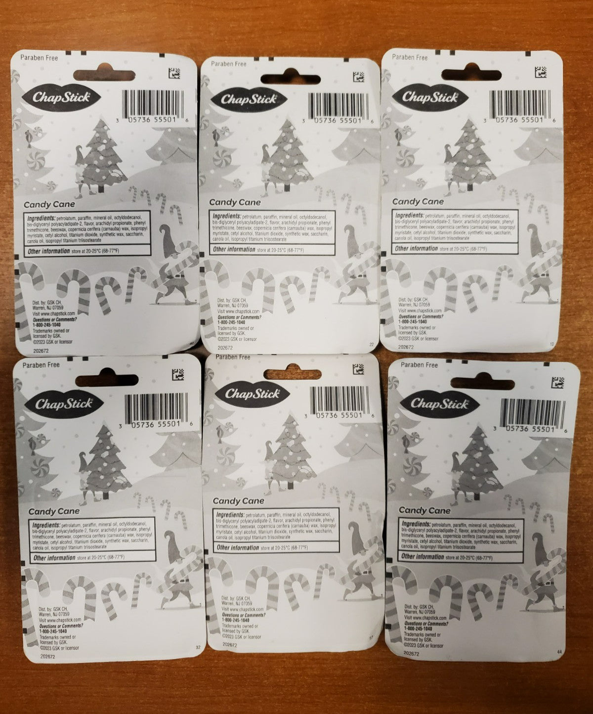 Holiday Gift Set of 6 Candy Cane Lip Balms - Peppermint Flavor, 3 Boxes of 3