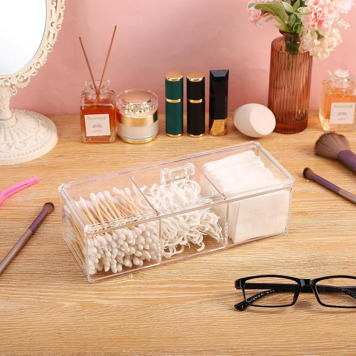Acrylic Qtip Holder with 3 Compartments Bathroom Organizer, Cotton Swab & Ball Dispenser