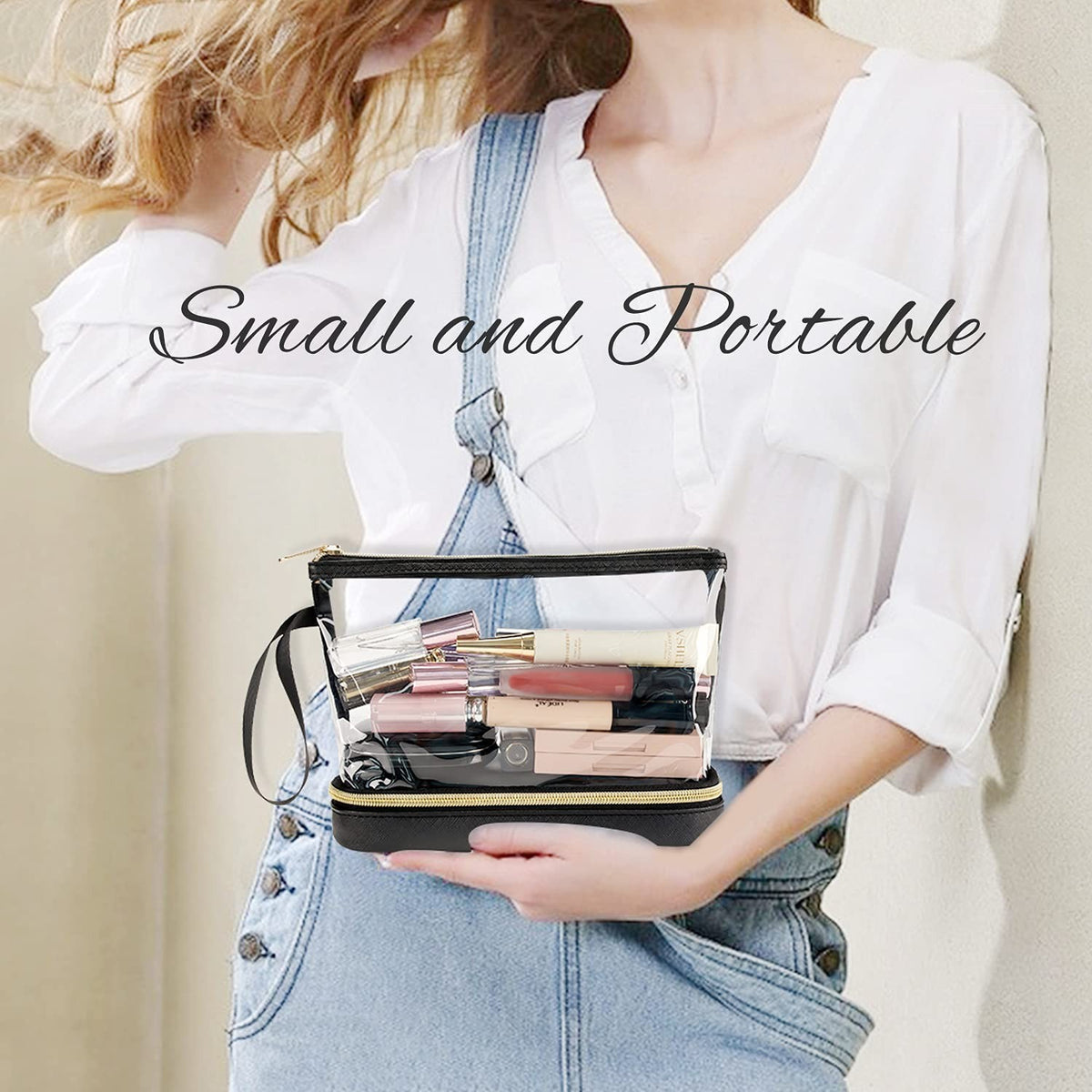 Small Clear Travel Makeup Bag with Double Layers and Faux Leather Handle