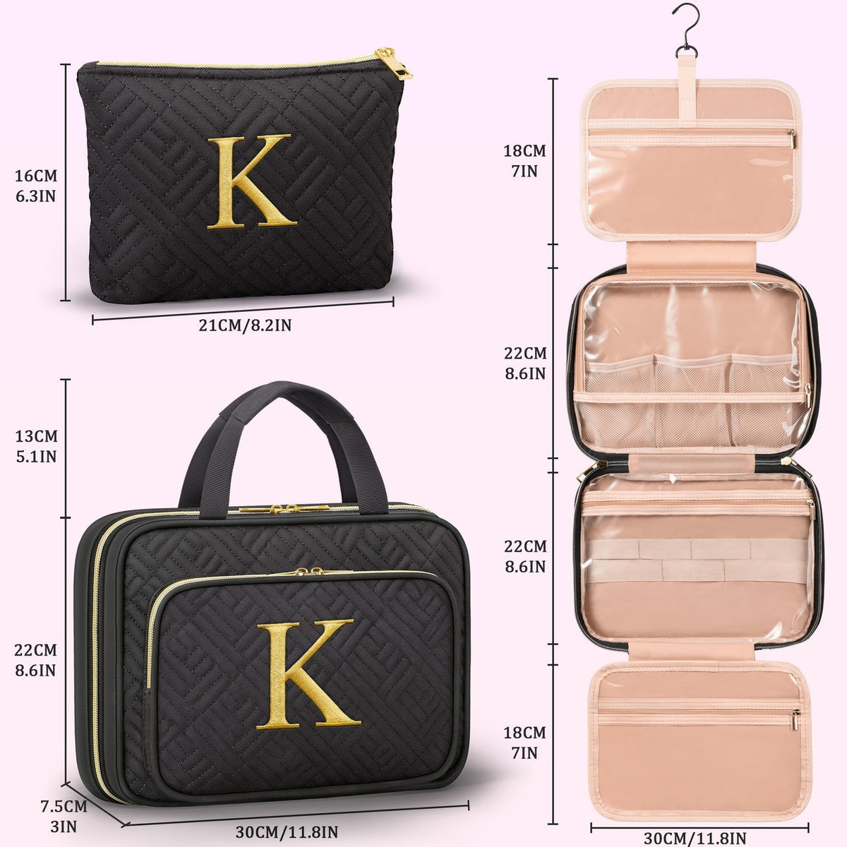 Personalized Hanging Makeup Bag with Initials Travel Toiletry Organizer