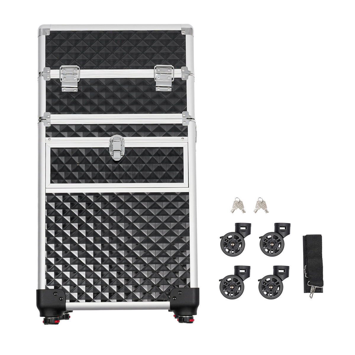 Rolling Makeup Train Case with Wheels Lock & Shoulder Strap Silver Black