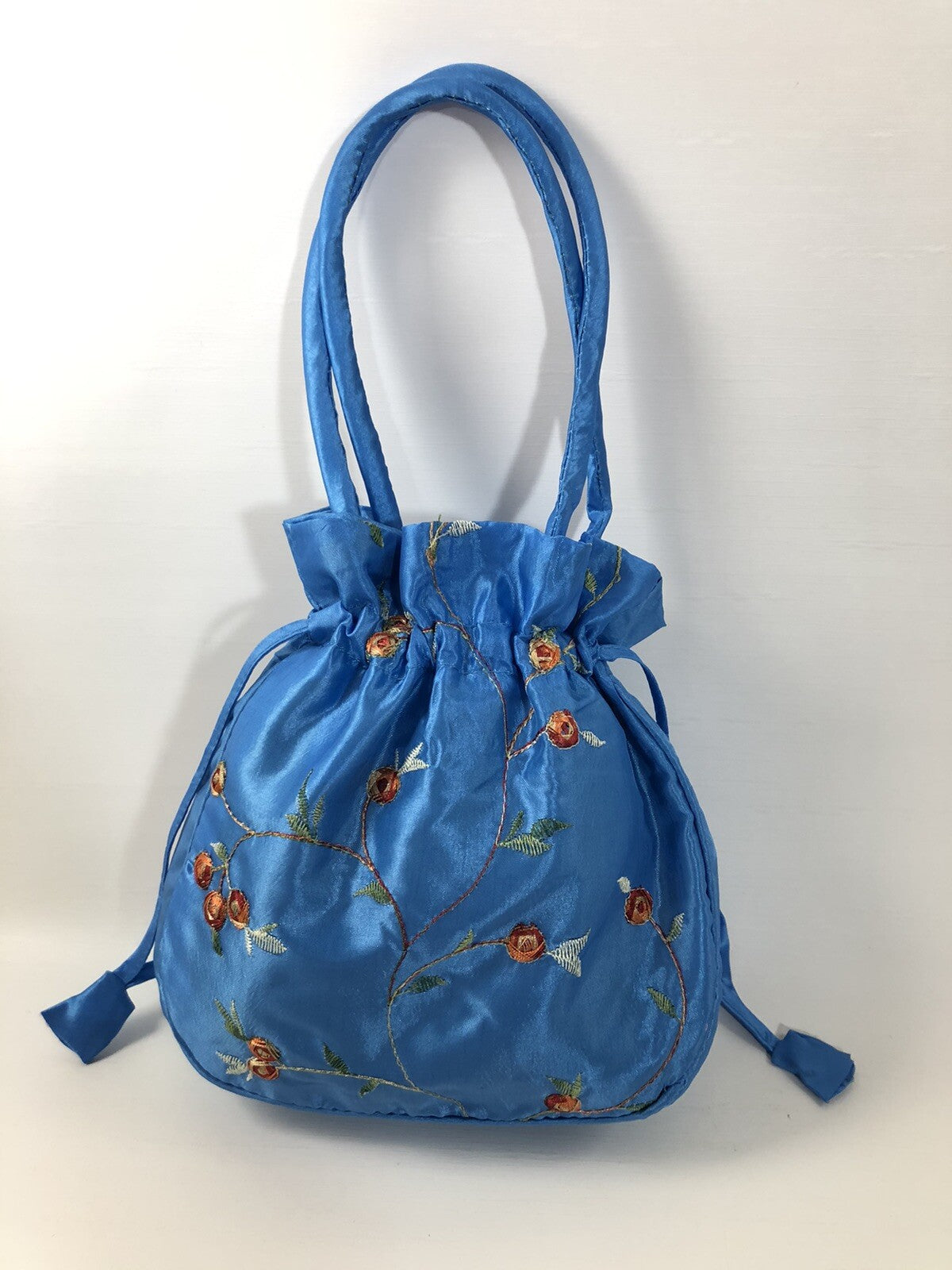Blue Satin Rose Pattern Drawstring Cosmetic Bag, Makeup Storage Pouch
