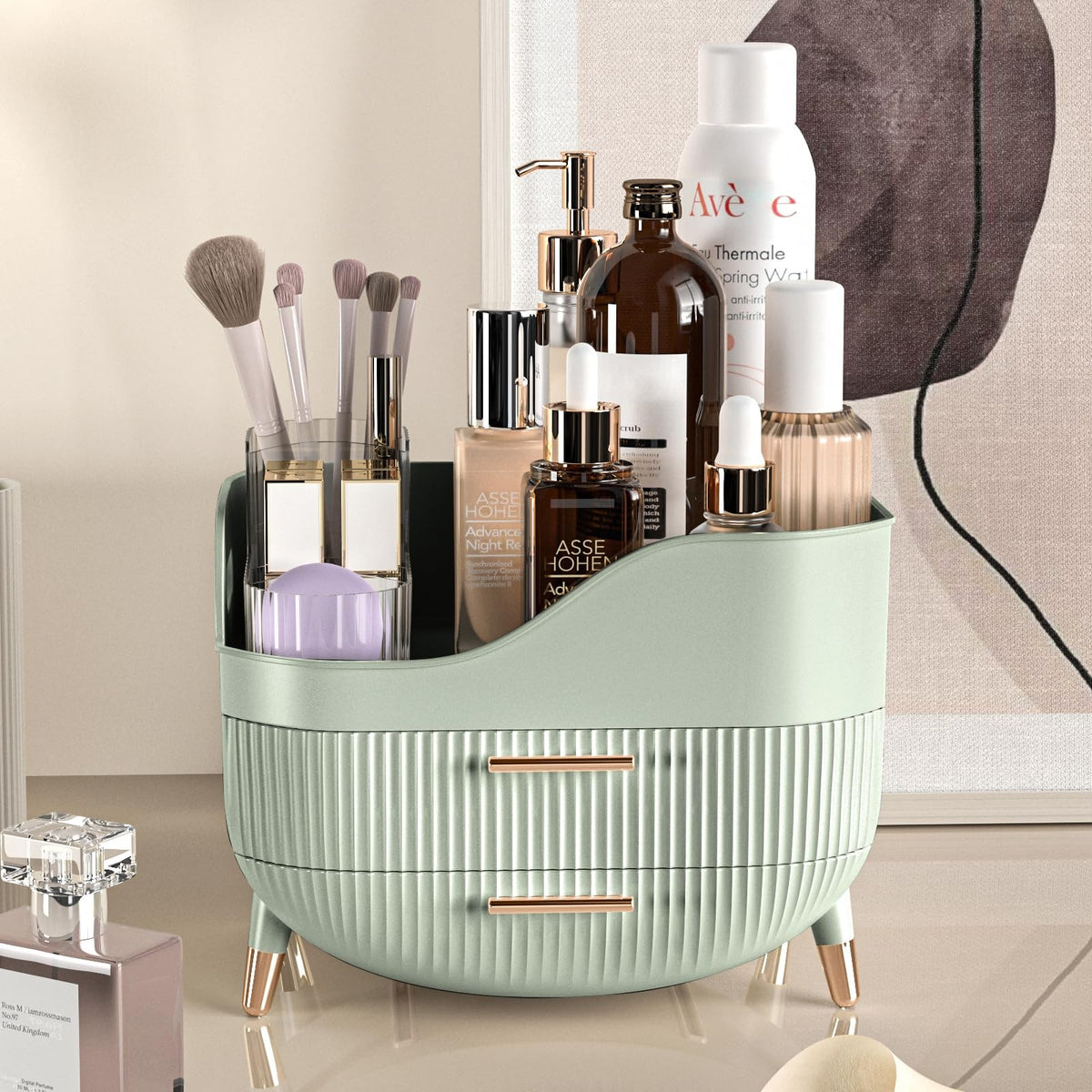 Makeup & Skincare Organizer with Drawers - Vanity Storage Box, Green