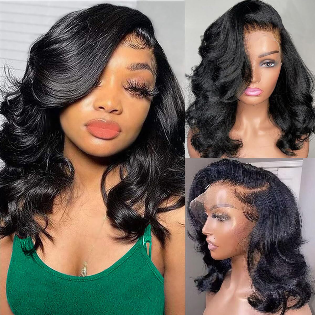 14-Inch Lace Front Bob Wig Black Natural Hair Body Wave Pre-Plucked for Women