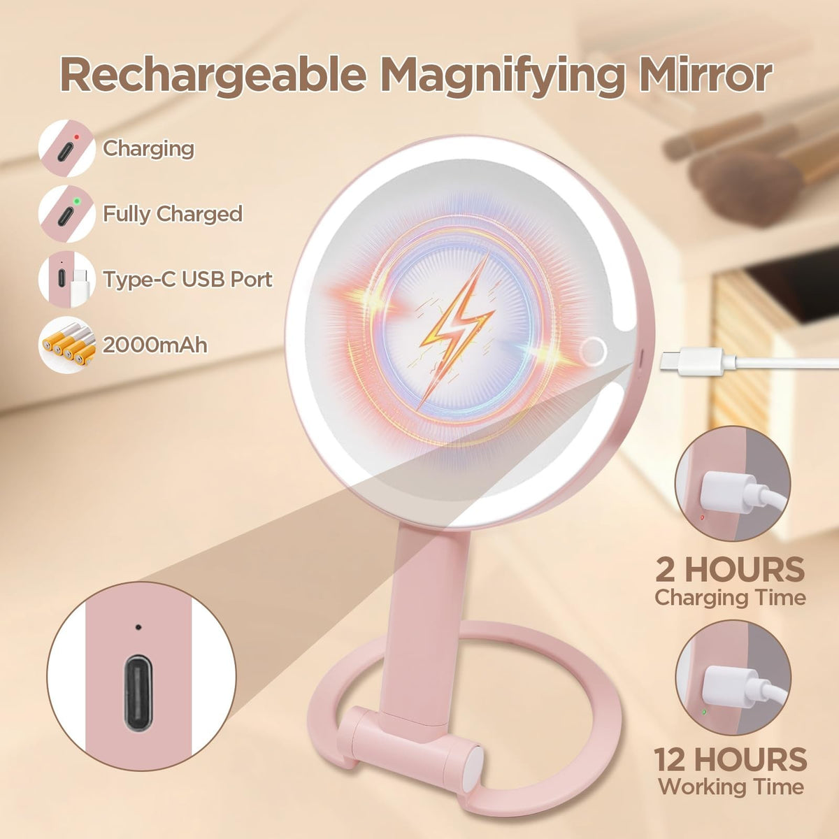 LED Makeup Mirror with Lights, Dimmable 3 Color Modes, 10X Magnification, Portable Vanity with Touch Control - Pink