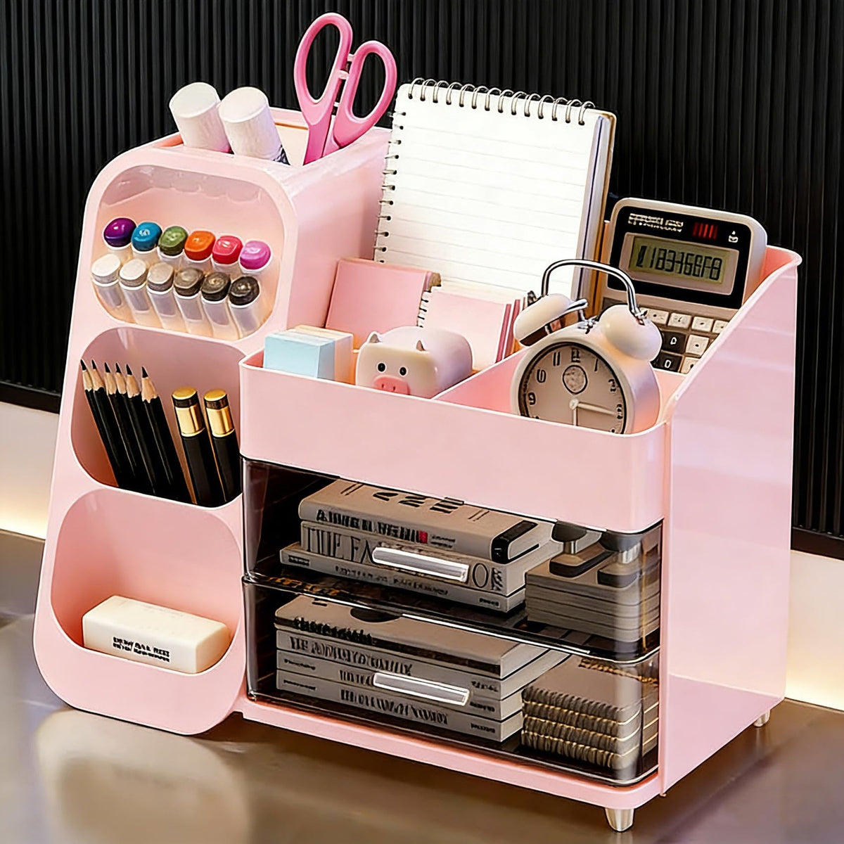 Pink Cosmetic Organizer with Drawers & Brush Holders for Makeup Vanity
